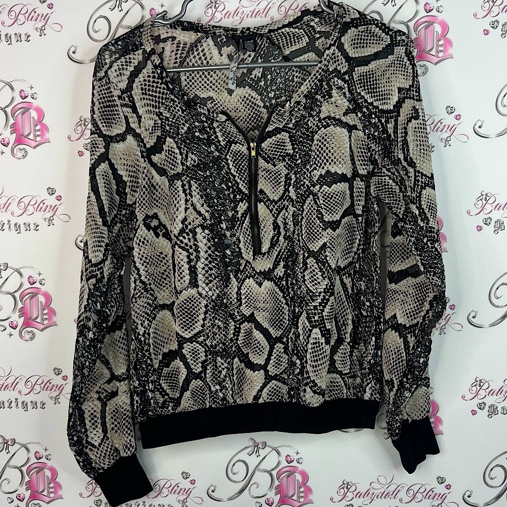 La classe couture zip up sheer Snakeskin Print Women's Sweater shirt